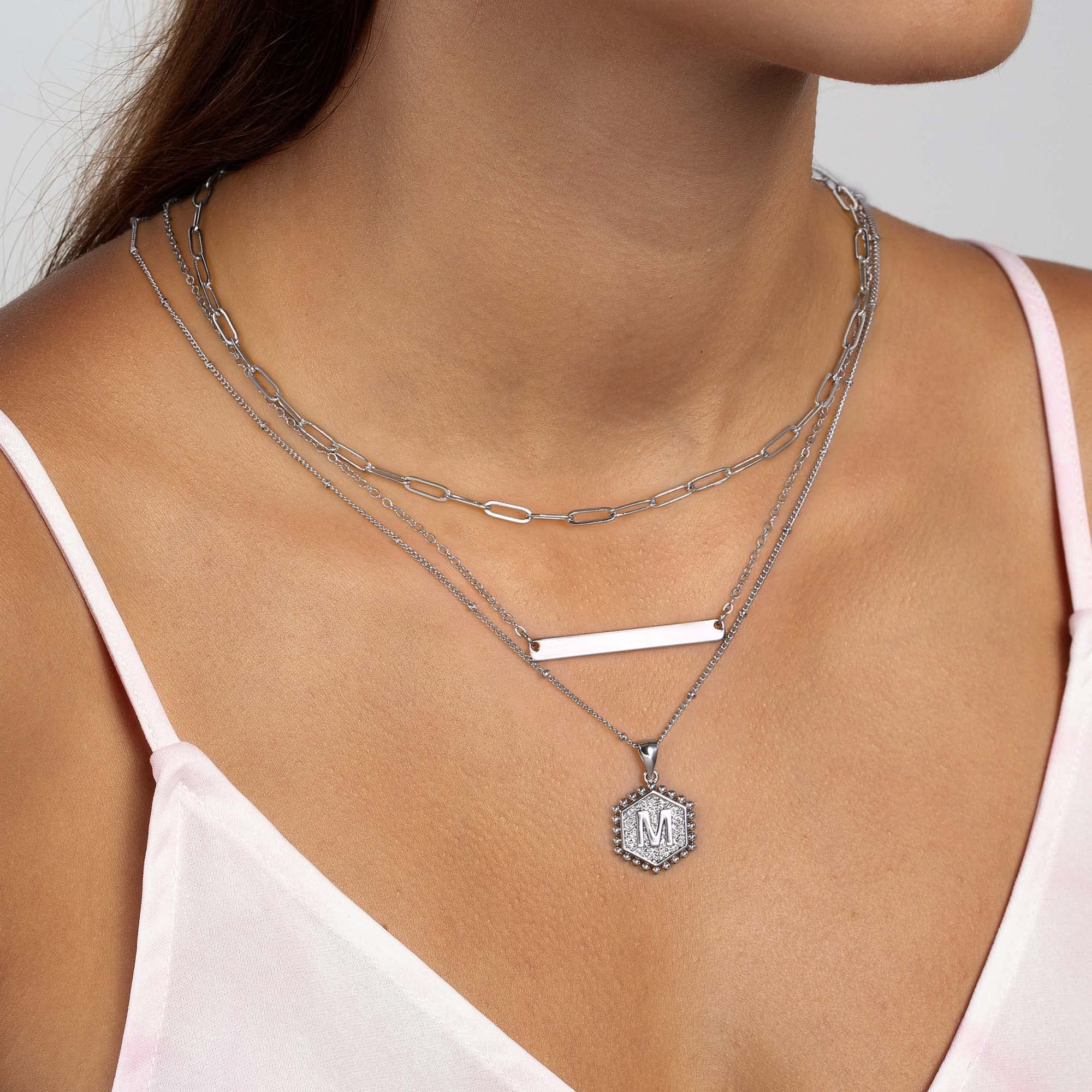 Turandoss Silver Layered Necklaces for Women, 14K White Gold Plated Paperclip Chain Necklace for Women Hexagon Letter Pendant Initial A Necklace Choker Necklaces Silver Necklace for Women