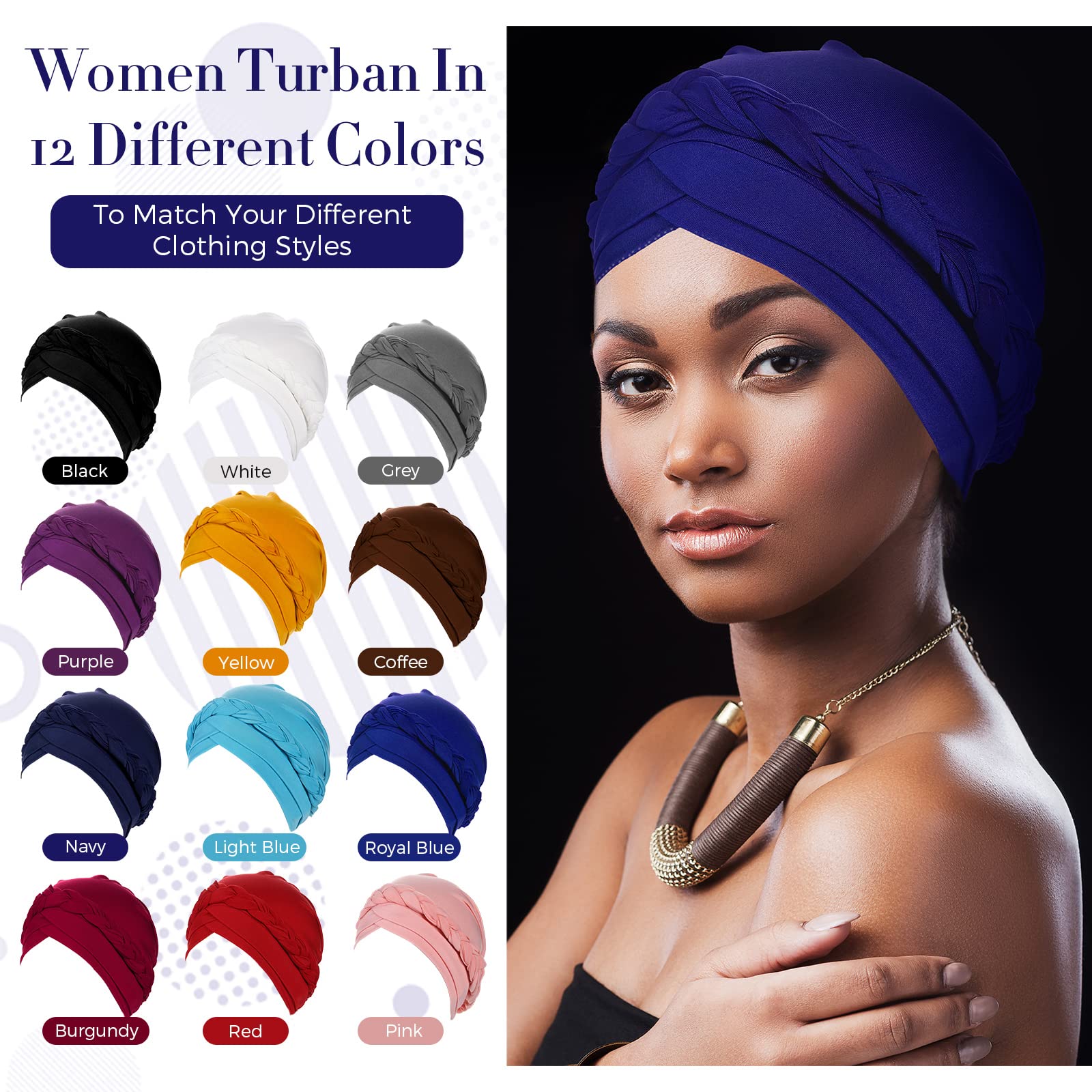 12 Pack Braid Turban Cap for Women Ethnic Bohemia Twisted Hair Cover Wrap Hat African Pre Tied Bonnet Cancer Braid Turban Hat Beanies Headwear Multicoloured