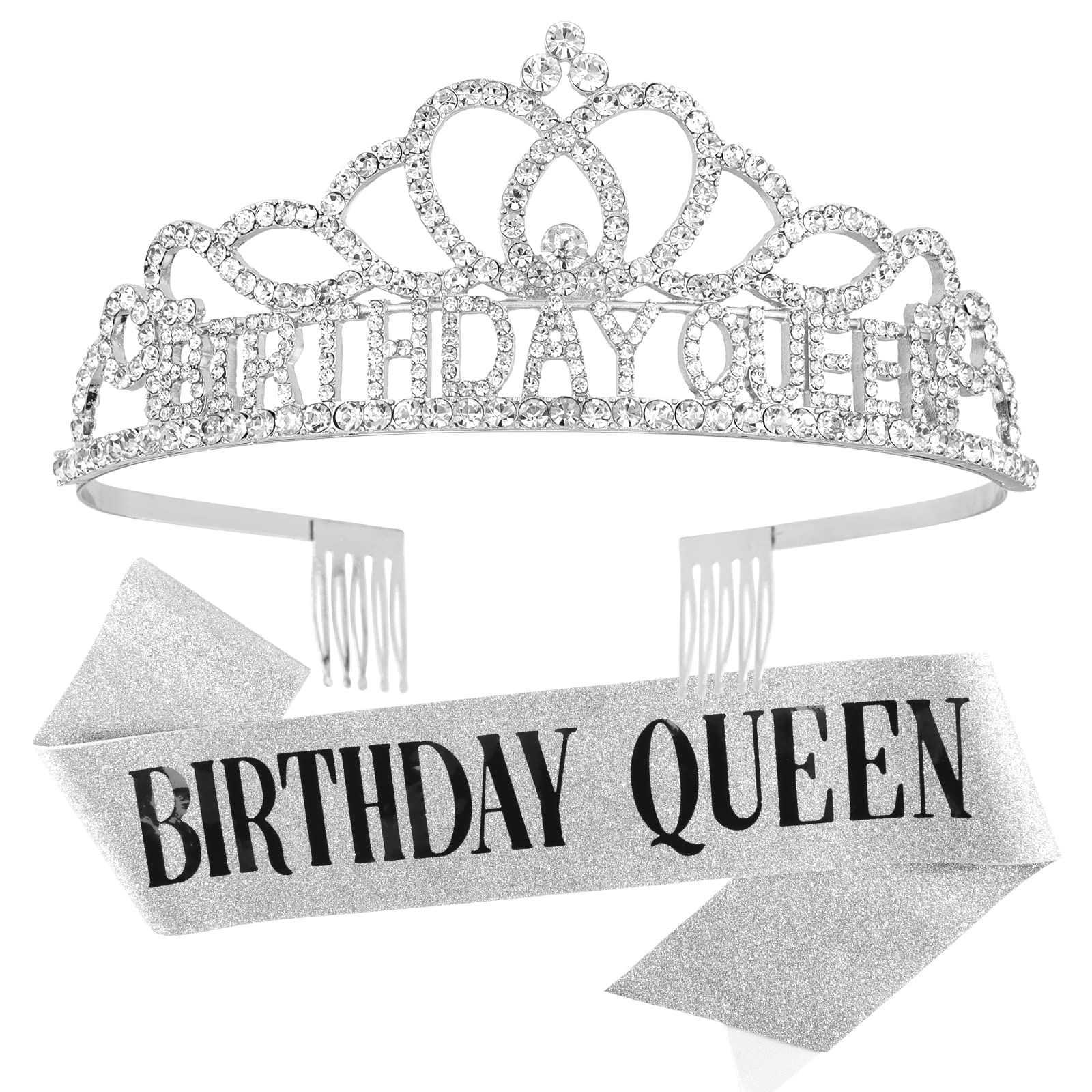 CAVETEE Silver Birthday Crowns for Women Birthday Queen Sash and Tiara for Women Silver Birthday Party Decorations for Women Birthday Sash and Crown for Women