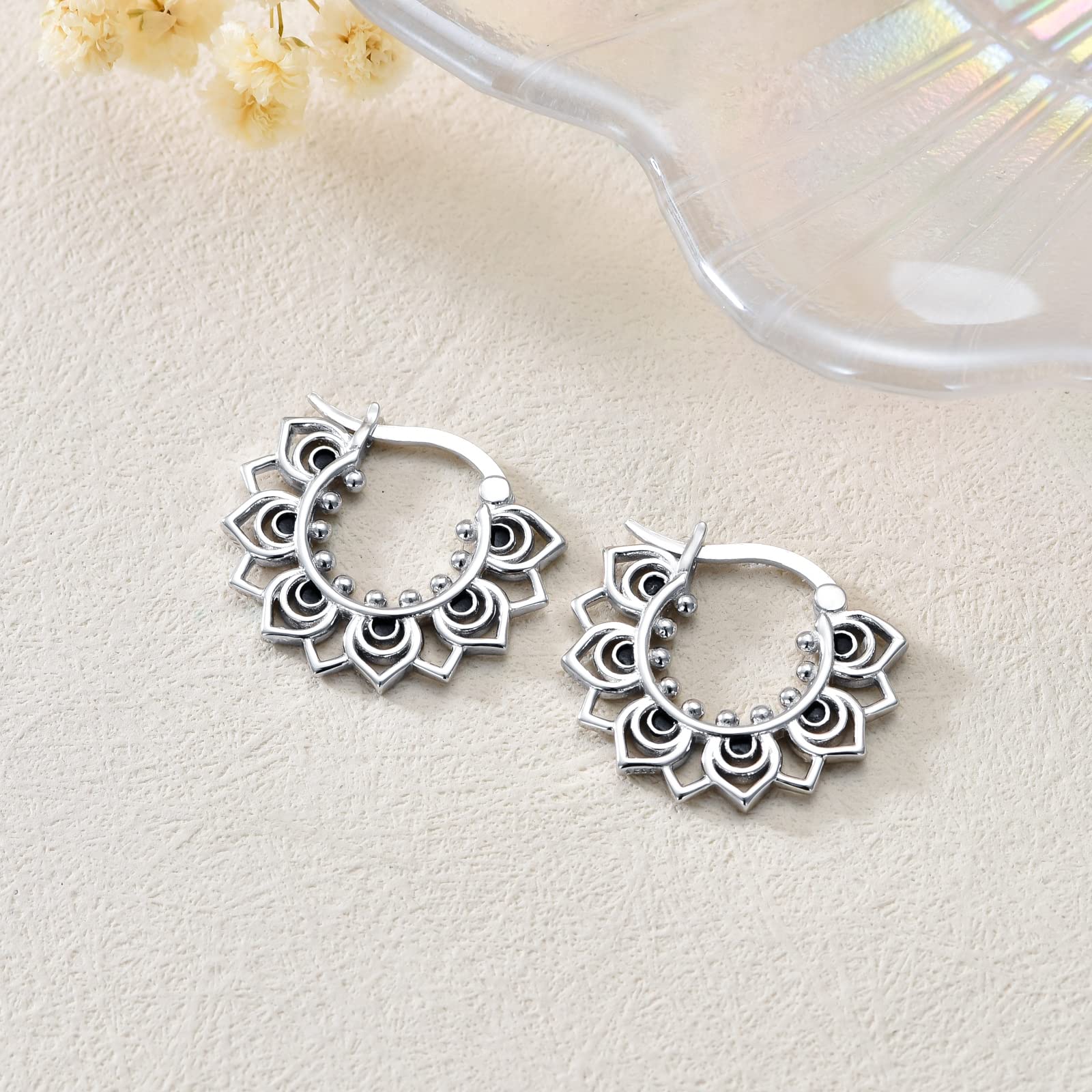 Lotus Hoop Earrings 925 Sterling Silver Double-sided Petal Snap Hook Closure Balinese Tribal Boho Earrings For Women