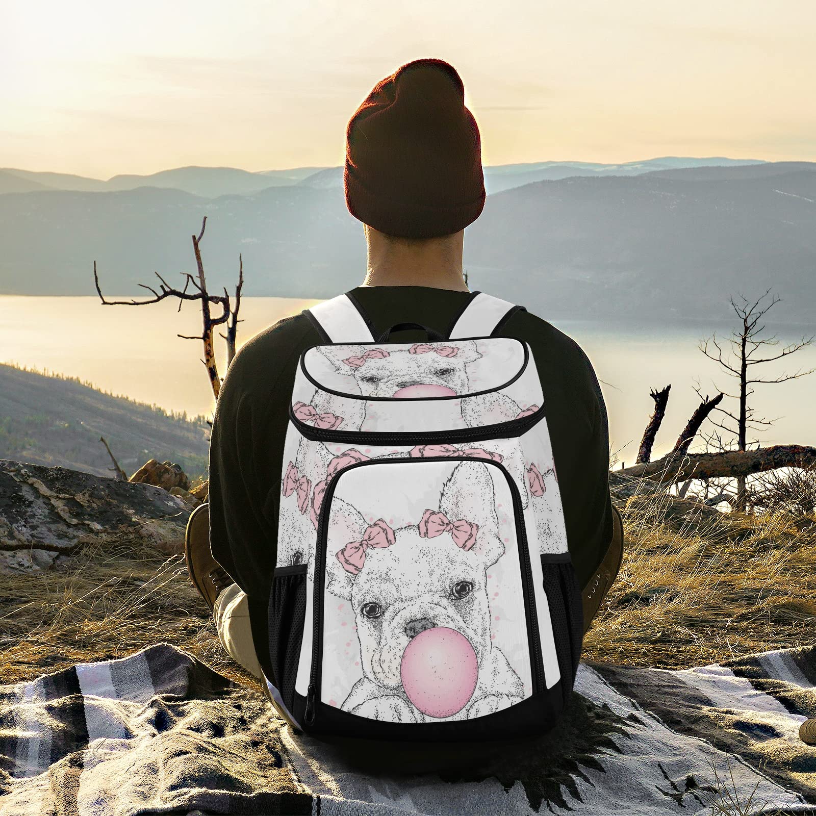 French Bulldog with Gum Cooler Backpack for Women Men Picnic Cooler Bags Insulated Lunch Backpack with Leakproof Beach Backpack for Work Lunch Picnic Fishing Hiking Camping Park Beach