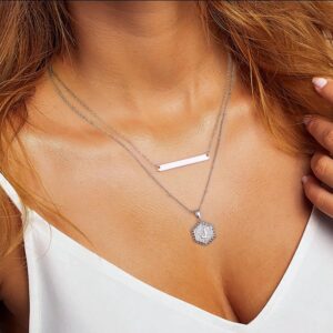 Turandoss Silver Layered Necklaces for Women, 14K White Gold Plated Paperclip Chain Necklace for Women Hexagon Letter Pendant Initial A Necklace Choker Necklaces Silver Necklace for Women