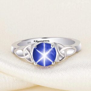 Genuine Blue Star Sapphire Gemstone Ring 925 Sterling Silver Rhodium Plated Halo Ring For Women Lab Created Star Sapphire Ring (Sterling Silver, 6)