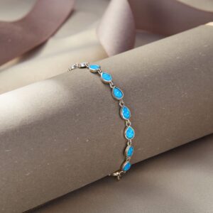 EVER FAITH Created Opal Bracelet for Women Synthetic Gemstone Blue October Birthstone Tennis Bracelets Adjustable Link Fashion Jewelry Gift