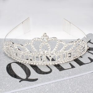 CAVETEE Silver Birthday Crowns for Women Birthday Queen Sash and Tiara for Women Silver Birthday Party Decorations for Women Birthday Sash and Crown for Women