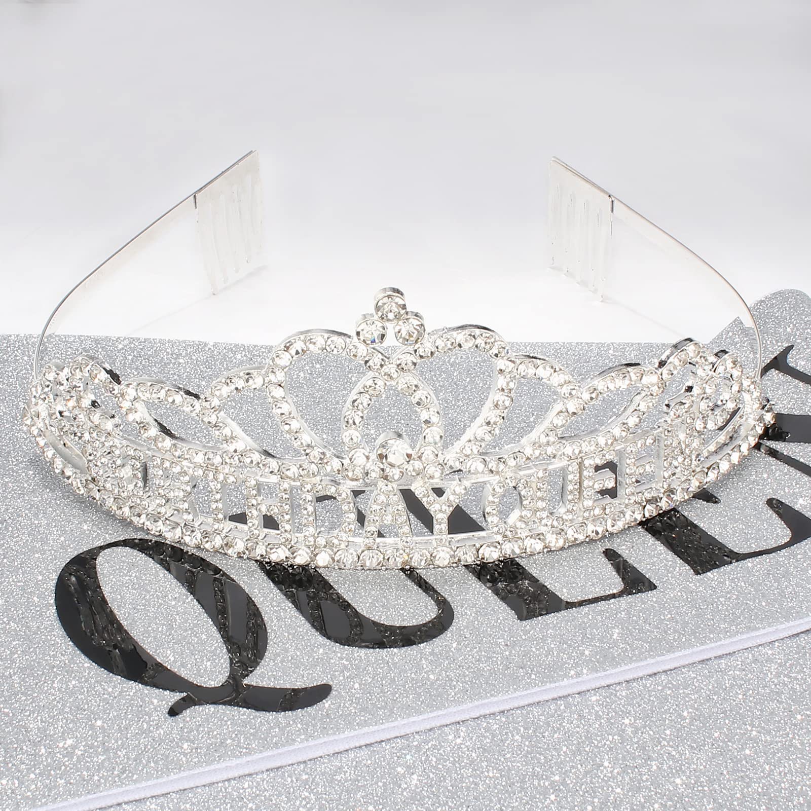 CAVETEE Silver Birthday Crowns for Women Birthday Queen Sash and Tiara for Women Silver Birthday Party Decorations for Women Birthday Sash and Crown for Women