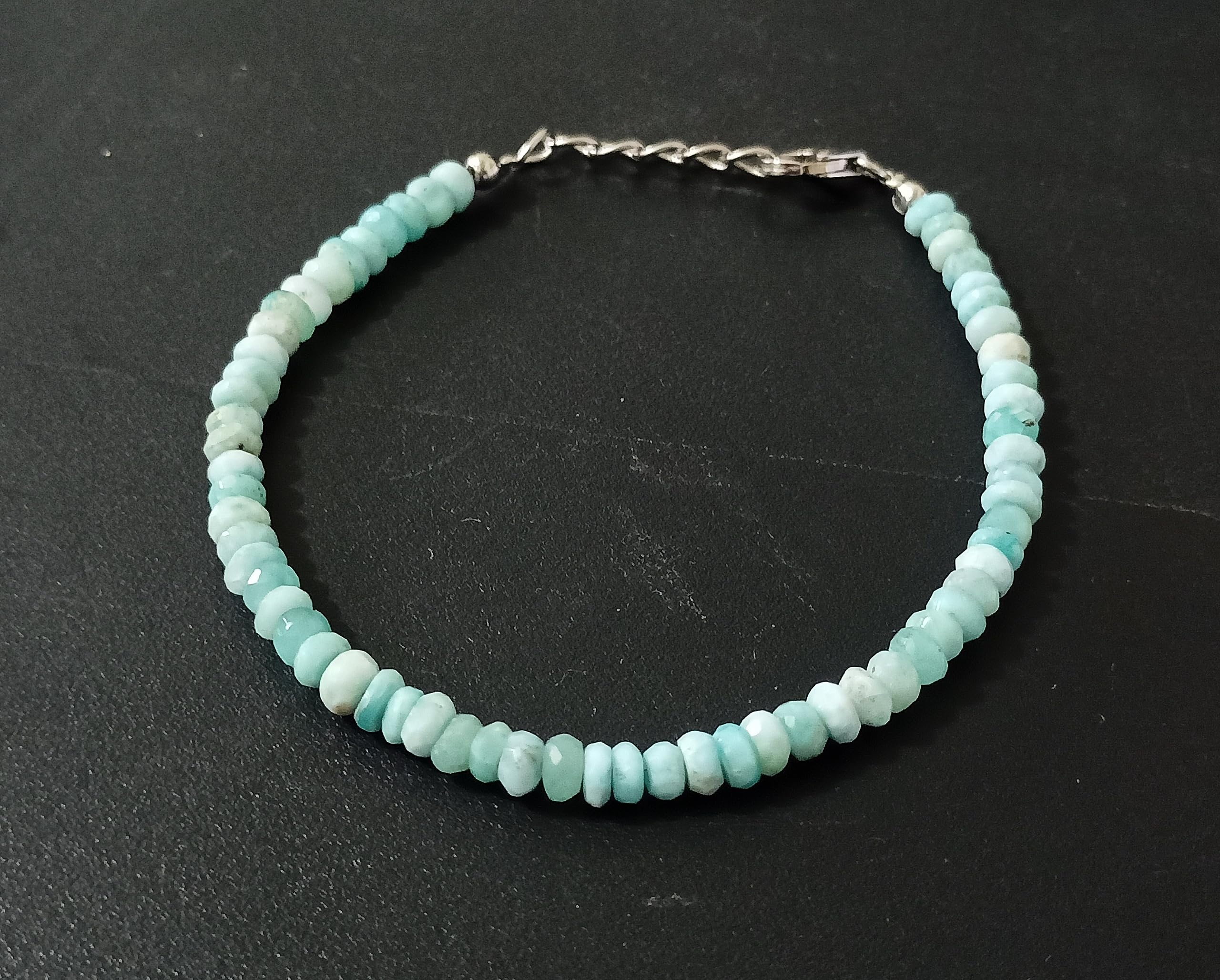 Natural Larimar Sterling Silver Bracelet 8 Inch, Faceted Rondelles Larimar Jewelry, Sterling Silver Jewelry, Adjustable Bracelet