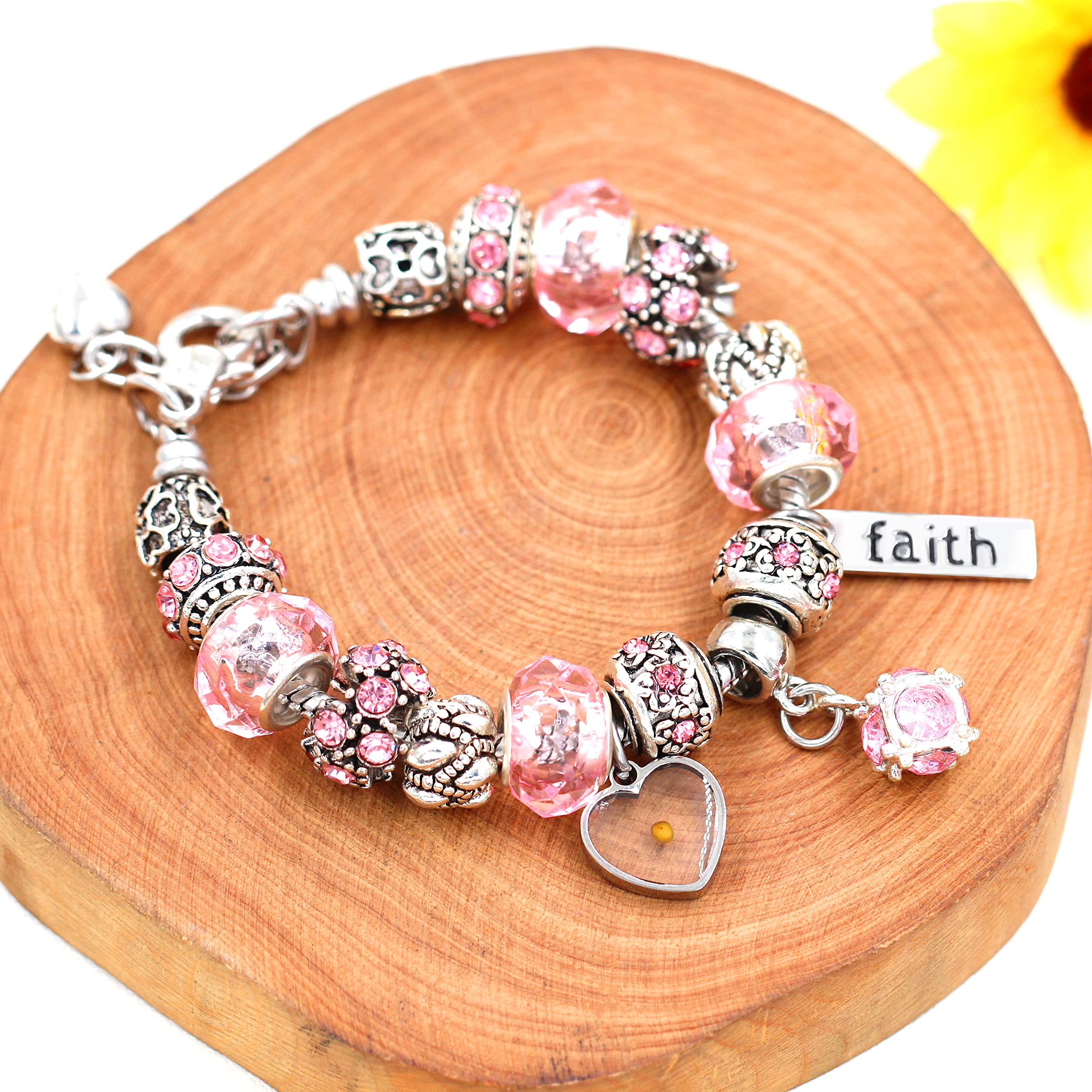 Silver Tone Crystal Murano Glass Beads Snake Chain Bracelet Faith Mustard Seed Charm Crystal Bracelets for Women Y1924 (pink)