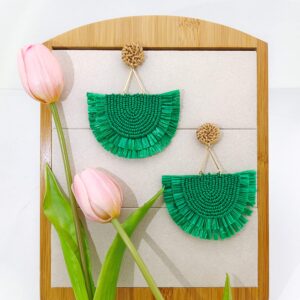 COIRIS Bohemia Beaded Fringe Statement Earrings with Long Dangling Tassel Raffia Earrings for Women(ER1183-Green Big)