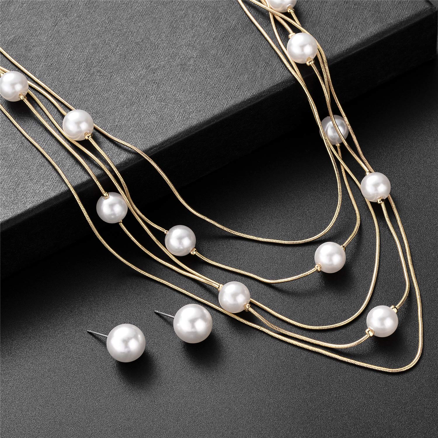 Nicole Miller Pearls Multi-strand Long Necklace Set with Pearl Earrings (Gold/White)