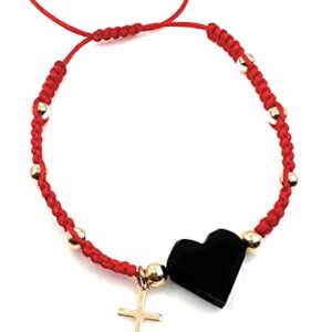 LESLIE BOULES Red Thread Genuine Heart Azabache Bracelet with Tiny Gold Plated Catholic Cross Handmade Jewelry