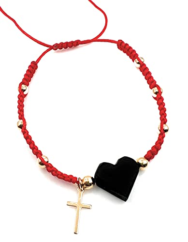 LESLIE BOULES Red Thread Genuine Heart Azabache Bracelet with Tiny Gold Plated Catholic Cross Handmade Jewelry