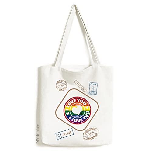 Love LGBT Rainbow Postmark Stamp Shopping Ecofriendly Storage Canvas Tote Bag