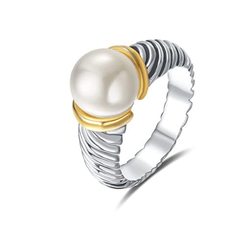 UNY JEWEL Designer Inspired Two Tone Twisted Cable Wire Ring 10mm Cream White Imitation Pearl Women Statement Dupes Jewelry(Cream Size 9)