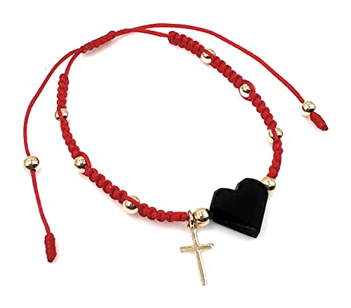 LESLIE BOULES Red Thread Genuine Heart Azabache Bracelet with Tiny Gold Plated Catholic Cross Handmade Jewelry