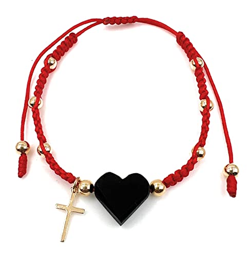 LESLIE BOULES Red Thread Genuine Heart Azabache Bracelet with Tiny Gold Plated Catholic Cross Handmade Jewelry