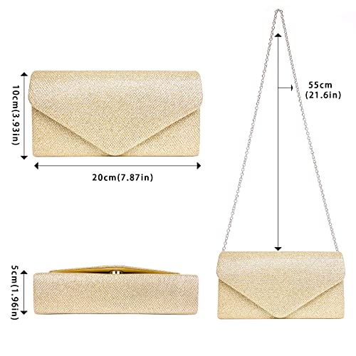 Larcenciel Gold Clutch Purses for Women, Sparkly Sequin Envelope Clutch Evening Bag w/Chain, Gorgeous Shoulder Crossbody Handbags, Shiny Party Prom Purse Bride Wedding Guest Clutch Dress Carry on Bag