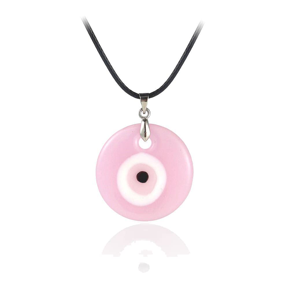 Caiyao Evil Eye Pendant Necklace Glass Leather Rope Chain Turkish Protect Lucky Necklace for Women Men-Pink