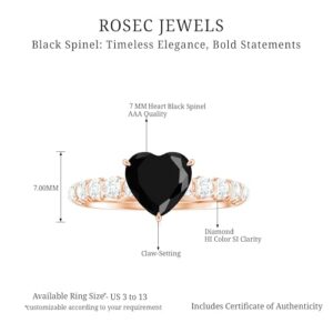 Natural Black Spinel 7mm Heart Shaped Engagement Ring, AAA Quality, Black Spinel Diamond Solitaire Ring, 14K Rose Gold, Size:US 8.50