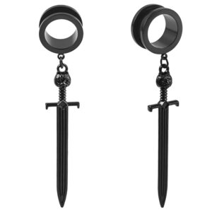 DOEARKO 2PCS Ear Gauges Cool Sword-Pendant 316 Hypoallergenic Stainless Steel Dangle Ear Plugs Tunnels Gauges Stretcher Piercing Body Jewelry (10mm(00G), Black)