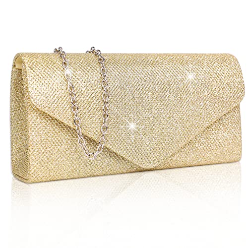 Larcenciel Gold Clutch Purses for Women, Sparkly Sequin Envelope Clutch Evening Bag w/Chain, Gorgeous Shoulder Crossbody Handbags, Shiny Party Prom Purse Bride Wedding Guest Clutch Dress Carry on Bag