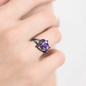 Women Punk Gothic Rings Retro Black Heart Love Puple Crystal Zirconia Dainty Preppy Trendy Rings Fingering Engagement Women Jewelry Statement Cocktail Party Biker Ring Size 6-10 (Purple, 7)