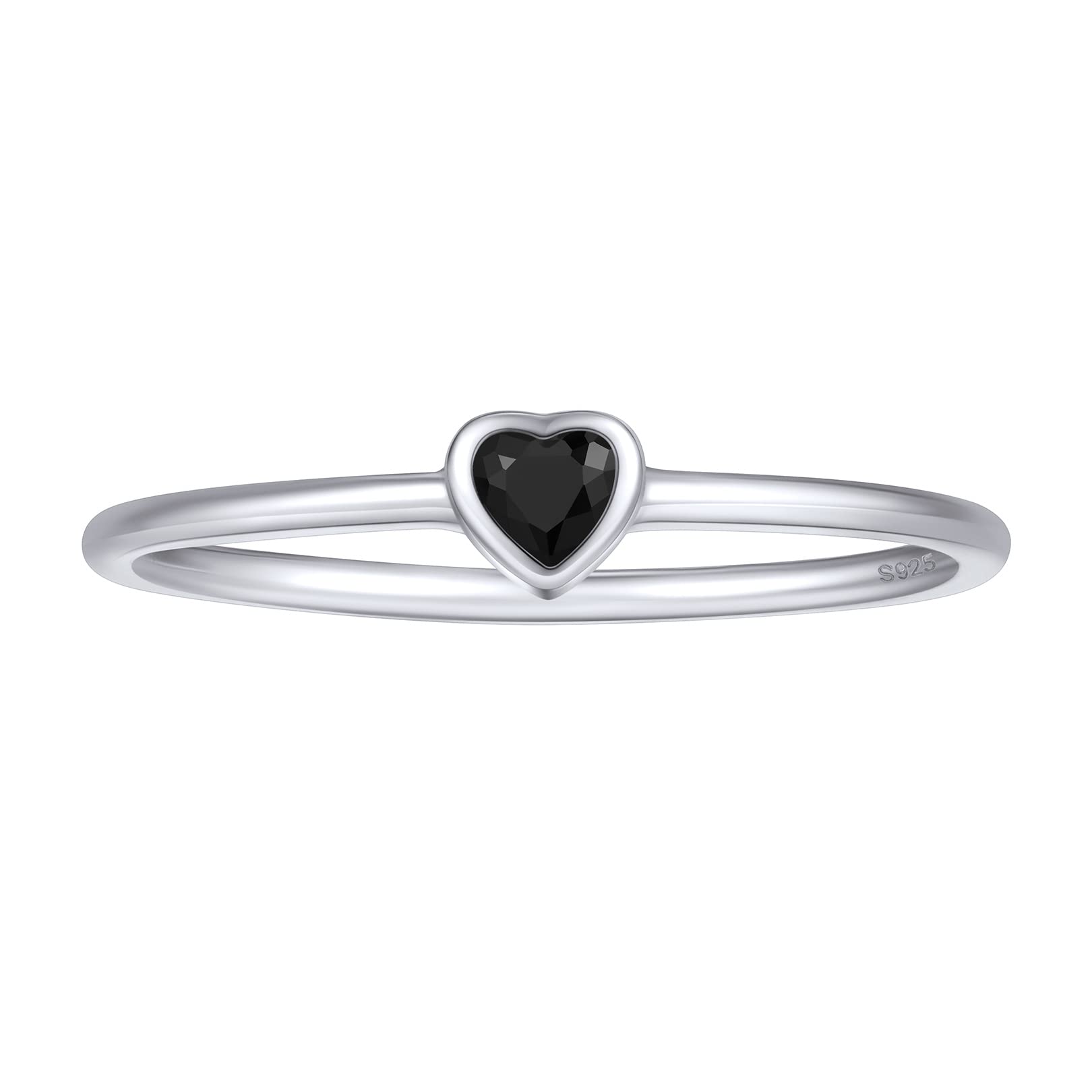 FOCALOOK 925 Sterling Silver Ring for Women, Heart Black Cubic Zirconia CZ Eternity Simple Stackable Engagement Wedding Promise Band Ring for Her Size 9