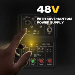 Mini 2 channel audio DJ mixer console interface with 48V phantom power Combo Jack Microphone/Guitar XLR+6.35mm, 3.5mm Stereo in, Headphone Jack for studio live show,party recording