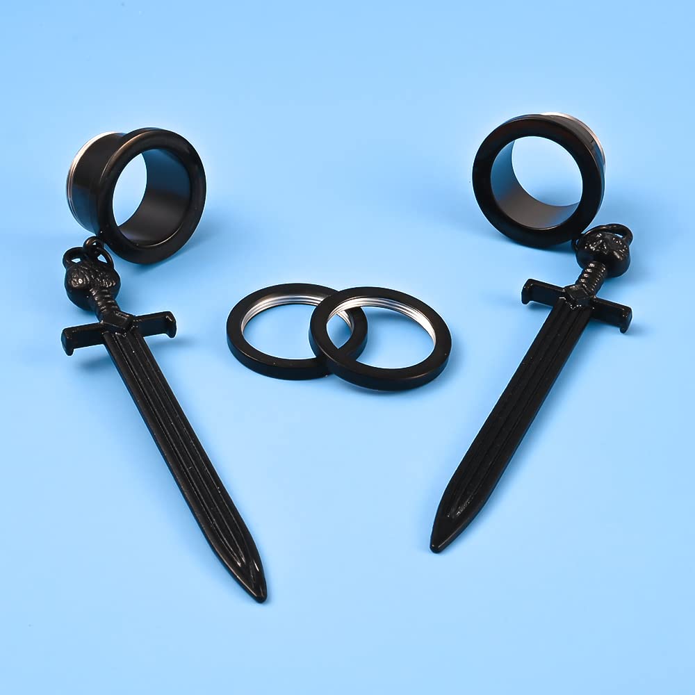 DOEARKO 2PCS Ear Gauges Cool Sword-Pendant 316 Hypoallergenic Stainless Steel Dangle Ear Plugs Tunnels Gauges Stretcher Piercing Body Jewelry (10mm(00G), Black)