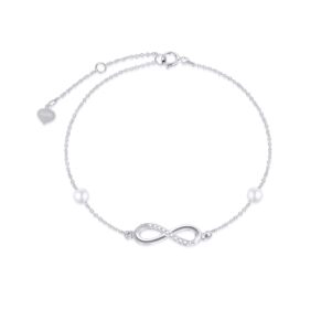 14k white gold natural diamond infinity anklets for women, real gold pearl jewelry ankle bracelet gifts for her, 9.4-11 inch