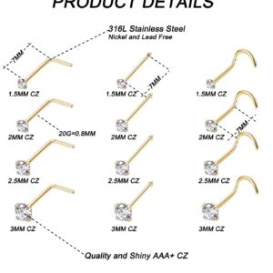 Vegolita 24Pcs 20G Surgical Steel Nose Rings Hoop Nose Studs Tragus Cartilage Earrings Piercing Jewelry 1.5mm 2mm 2.5mm 3mm CZ Gold