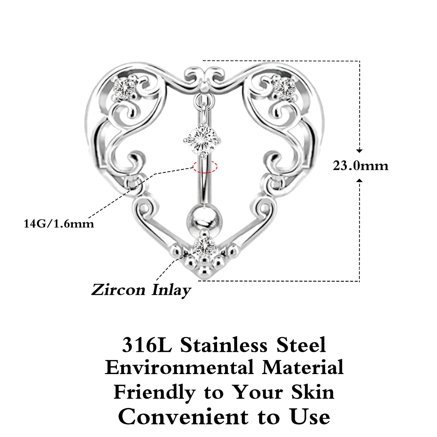 FLOGWE 14G Heart Belly Button Ring 316L CZ Heart Reverse Belly Ring Top Down Belly Button Ring Medical Steel Body Piercing Jewelry for Women