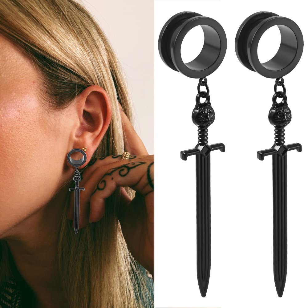 DOEARKO 2PCS Ear Gauges Cool Sword-Pendant 316 Hypoallergenic Stainless Steel Dangle Ear Plugs Tunnels Gauges Stretcher Piercing Body Jewelry (10mm(00G), Black)