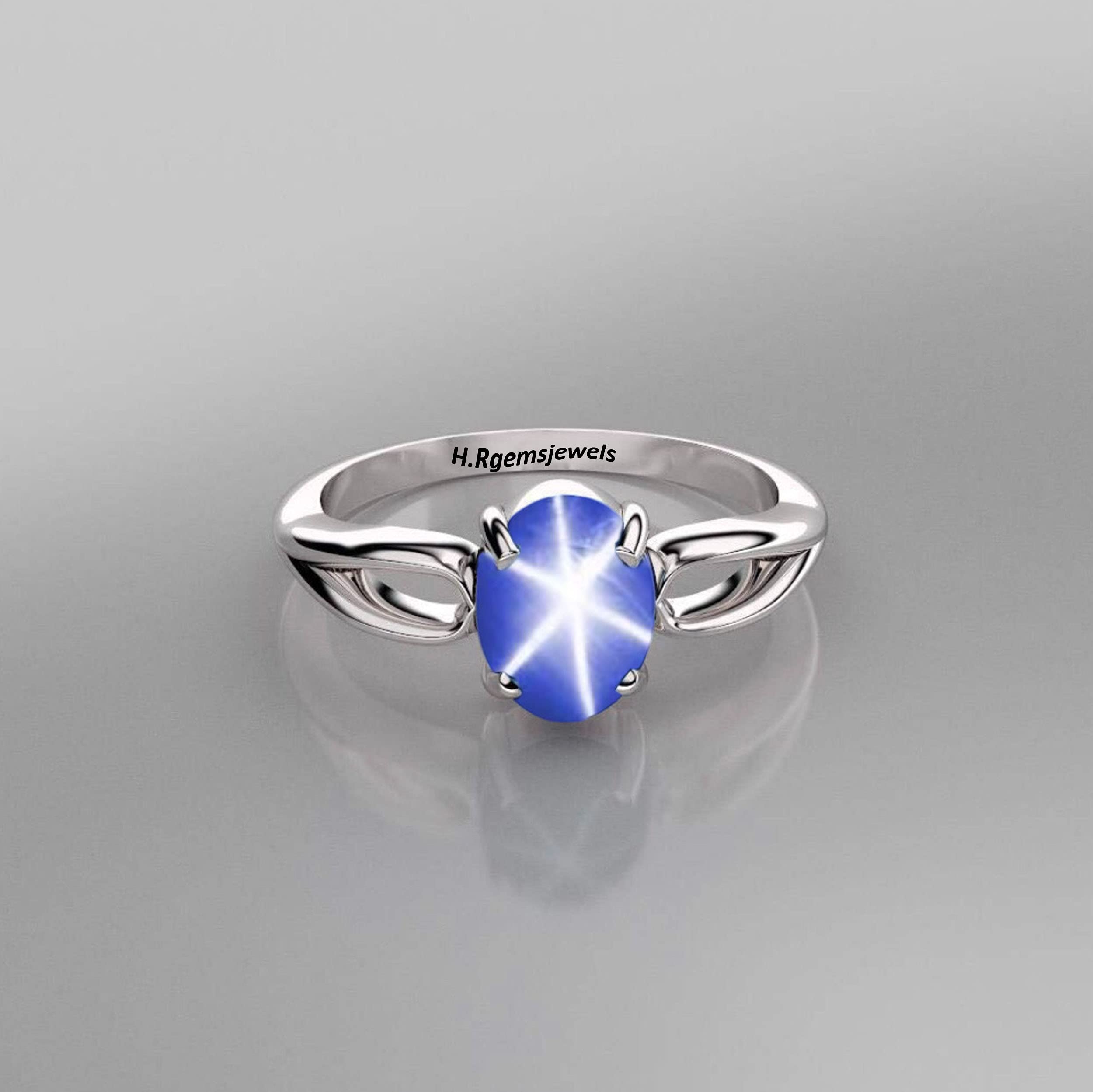 Blue Star Sapphire Halo Ring with Natural White Zircon & Lab Created Sapphire Gemstone 925 Sterling Silver Rhodium Plated Ring For Bridal (Sterling Silver, 8)