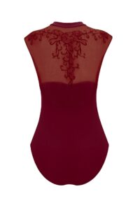 dance elite - allure - embroidered floral back panel leotard for women dance (wine cap sleeves, adult m)