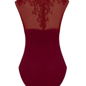 Dance Elite - Allure - Embroidered Floral Back Panel Leotard for Women Dance (Wine Cap Sleeves, Adult M)