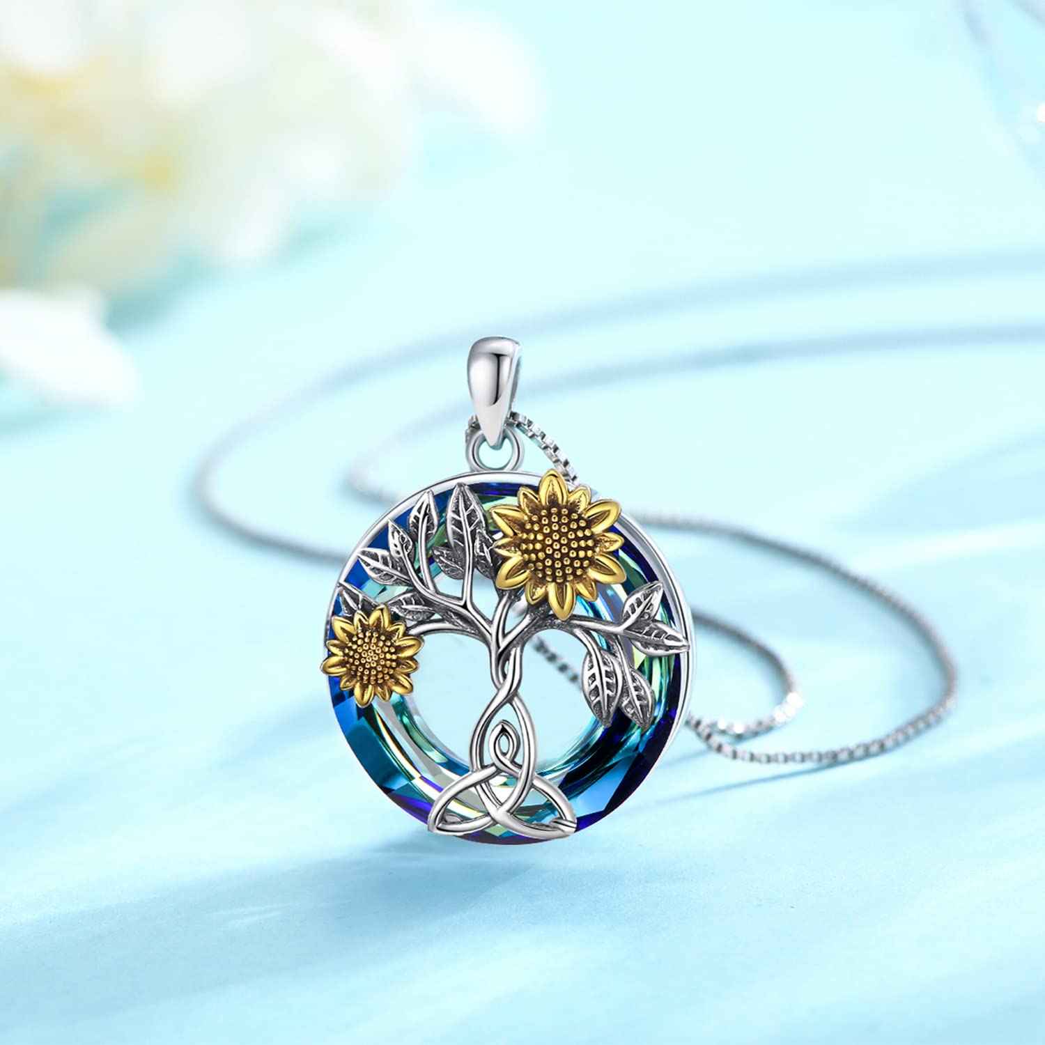 Sunflower Necklace 925 Sterling Silver with Crystal Sunflower Necklace Tree of Life Pendant Sunflower Jewelry Gifts for Women Mom Wife