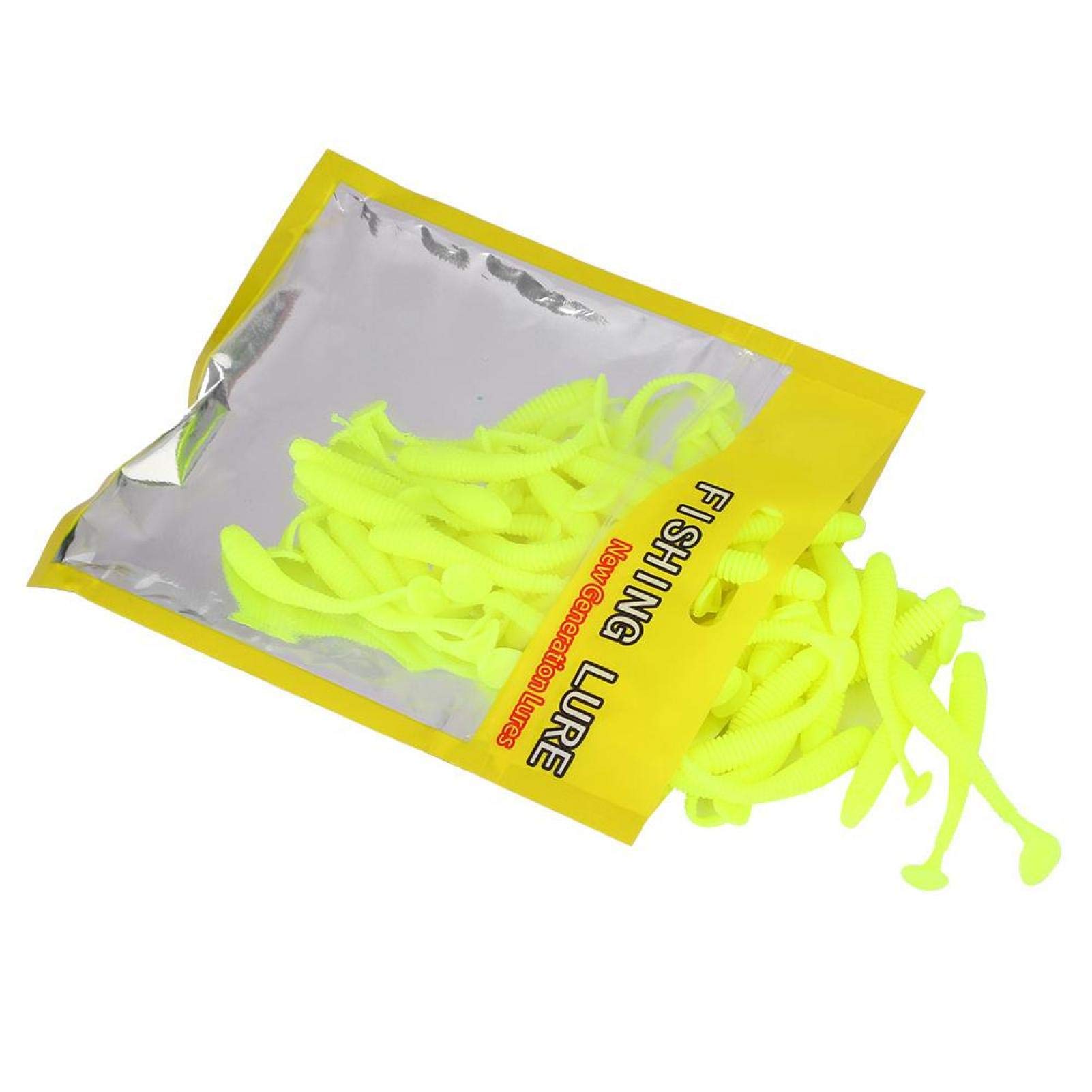 Fishing Soft Lures, 50PCS 5cm Soft Plastic Fishing Lures T Tail Grub Baits Soft Bionic Fishing Lure Fish Tackle Accessory Suitable for Fishing Lovers Outdoor(Yellow)