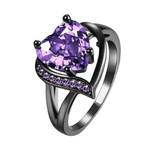 Women Punk Gothic Rings Retro Black Heart Love Puple Crystal Zirconia Dainty Preppy Trendy Rings Fingering Engagement Women Jewelry Statement Cocktail Party Biker Ring Size 6-10 (Purple, 7)