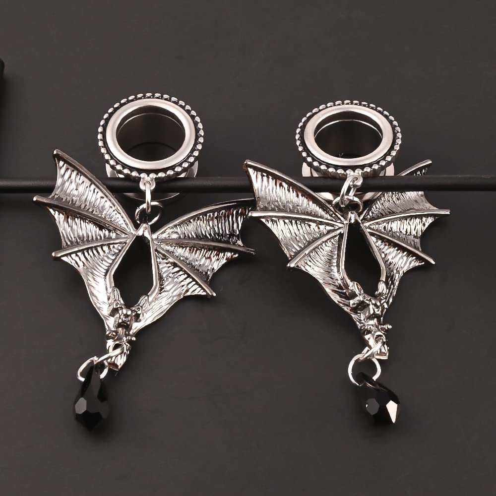 DOEARKO 2PCS Bat-Pendant Hypoallergenic Stainless Steel Dangle Ear Plugs Tunnels Gauges Stretcher Piercing Body Jewelry (12mm(1/2"), Silver)