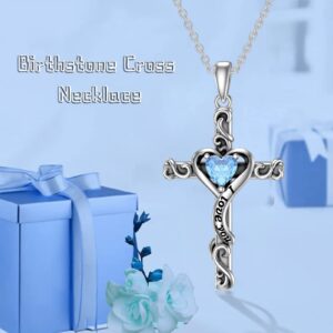 TOUPOP Aquamarine Cross Necklace for Women 925 Sterling Silver Birthstone Cross Pendant Necklace Heart Love March Birthstone Jewelry for Her Wife Girlfriend Birthday Anniversary Christmas Gifts