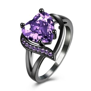 Women Punk Gothic Rings Retro Black Heart Love Puple Crystal Zirconia Dainty Preppy Trendy Rings Fingering Engagement Women Jewelry Statement Cocktail Party Biker Ring Size 6-10 (Purple, 7)