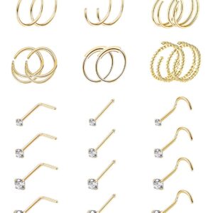 Vegolita 24Pcs 20G Surgical Steel Nose Rings Hoop Nose Studs Tragus Cartilage Earrings Piercing Jewelry 1.5mm 2mm 2.5mm 3mm CZ Gold