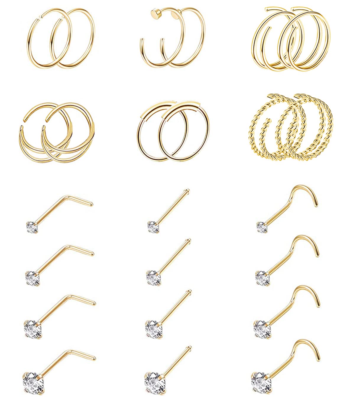 Vegolita 24Pcs 20G Surgical Steel Nose Rings Hoop Nose Studs Tragus Cartilage Earrings Piercing Jewelry 1.5mm 2mm 2.5mm 3mm CZ Gold