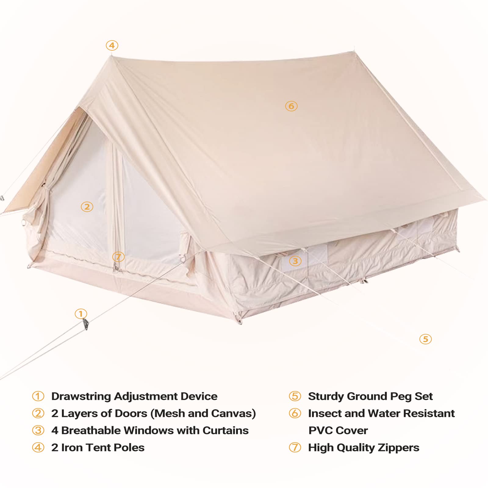 Canvas Cabin Bell Tent for 3-4 Person, Waterproof Glamping Yurt Tent Breathable All Seasons Outdoor Camping Tent, 6.69*8.2*4.92'