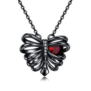 URONE Sterling Silver Rib Necklace Black Pendant with Red Heart Zircon Gothic Skull Jewelry Valentine's Day Birthday Gifts for Women