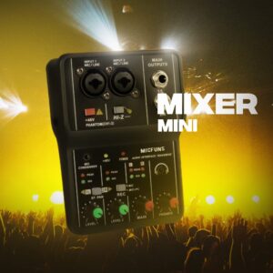 Mini 2 channel audio DJ mixer console interface with 48V phantom power Combo Jack Microphone/Guitar XLR+6.35mm, 3.5mm Stereo in, Headphone Jack for studio live show,party recording