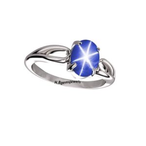 Blue Star Sapphire Halo Ring with Natural White Zircon & Lab Created Sapphire Gemstone 925 Sterling Silver Rhodium Plated Ring For Bridal (Sterling Silver, 8)