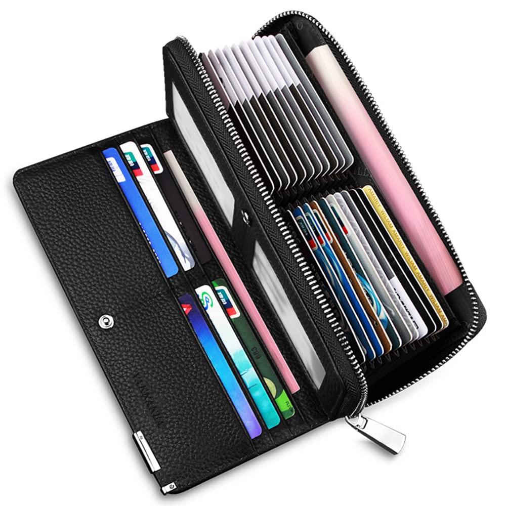 VANNANBA Long Wallet for Women Genuine Leather Zipper Wallet with 30 Card Slots|2 ID Windows|RFID Blocking|Wrist Strap|Cash Compartments|Gift Package,Large Capacity Organizer Accordion Wallet(Black)