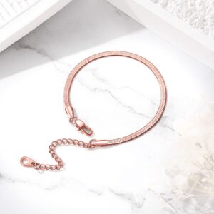 FOCALOOK Snake Chain Bracelet Rose Gold Plated 3MM Flat Herringbone Chain Bracelets